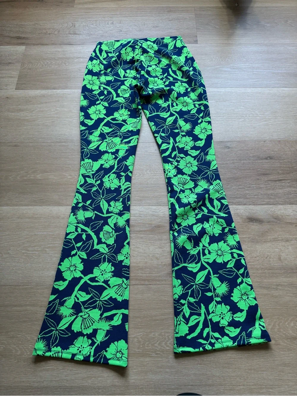 Zara Navy & Bright Green Floral High-Waist Flare Pants